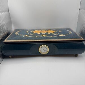 Vintage San Francisco Music Box Co Italy Blue Lacquer Jewelry Box Clock Music